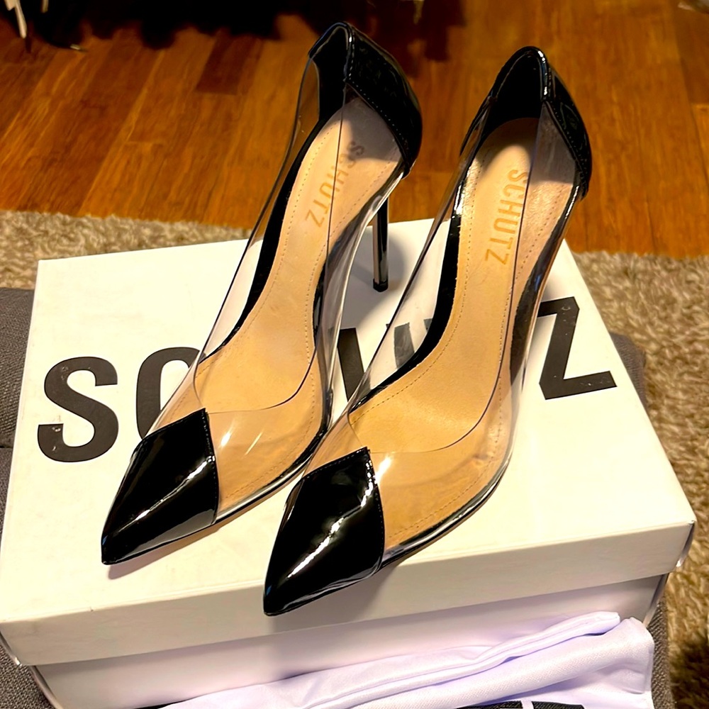 New Cendi black transparent heel.  Stiletto 4.3’ heel.